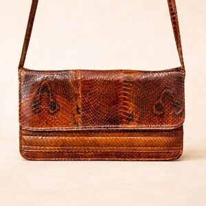 Vintage Python Leather Handbag | 1970s Brown Snakeskin Shoulder Bag